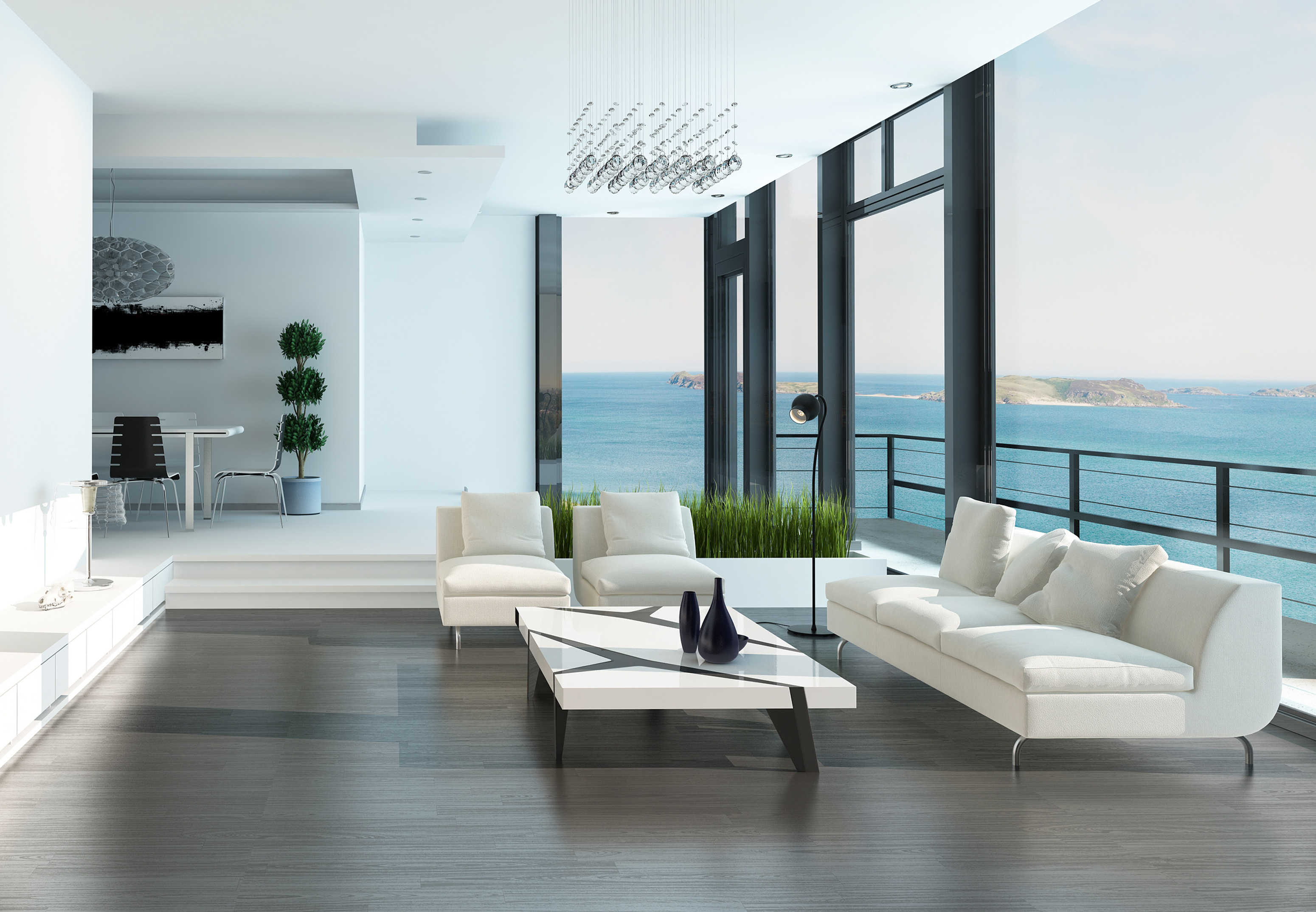 Luxury living room interior with white couch and seascape view ...